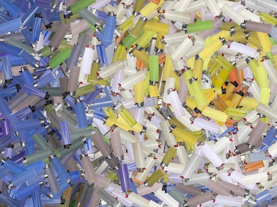  Gyre II, Chris Jordan. It shows 50,000 lighters, equal to the estimated number of plastic pieces floating in every square mile of the oceans